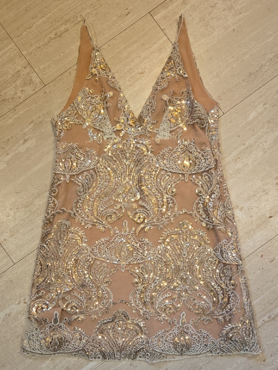 Free People Dresses & Skirts - Free People Lace/Golden Sequin Overlay Double V Dress